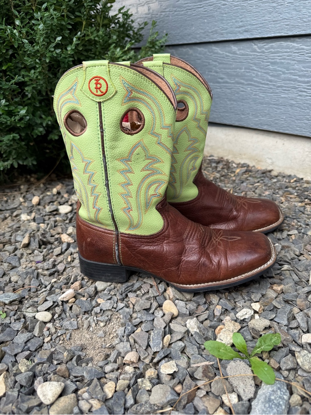 Tony Lama Kids 4D Leather Cowboy Boots Brown Lime Green Western